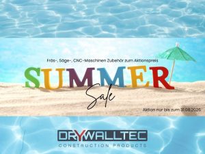 Drywalltec Summer Sale Banner mit Aktionsangeboten für Nut-Fräser, Sägeblätter und Spezialkleber